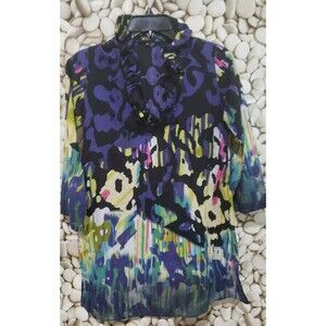 Saachi Top Womens Size XS Watercolor Art Wear Ruffle Neck Purple Blue Yellow